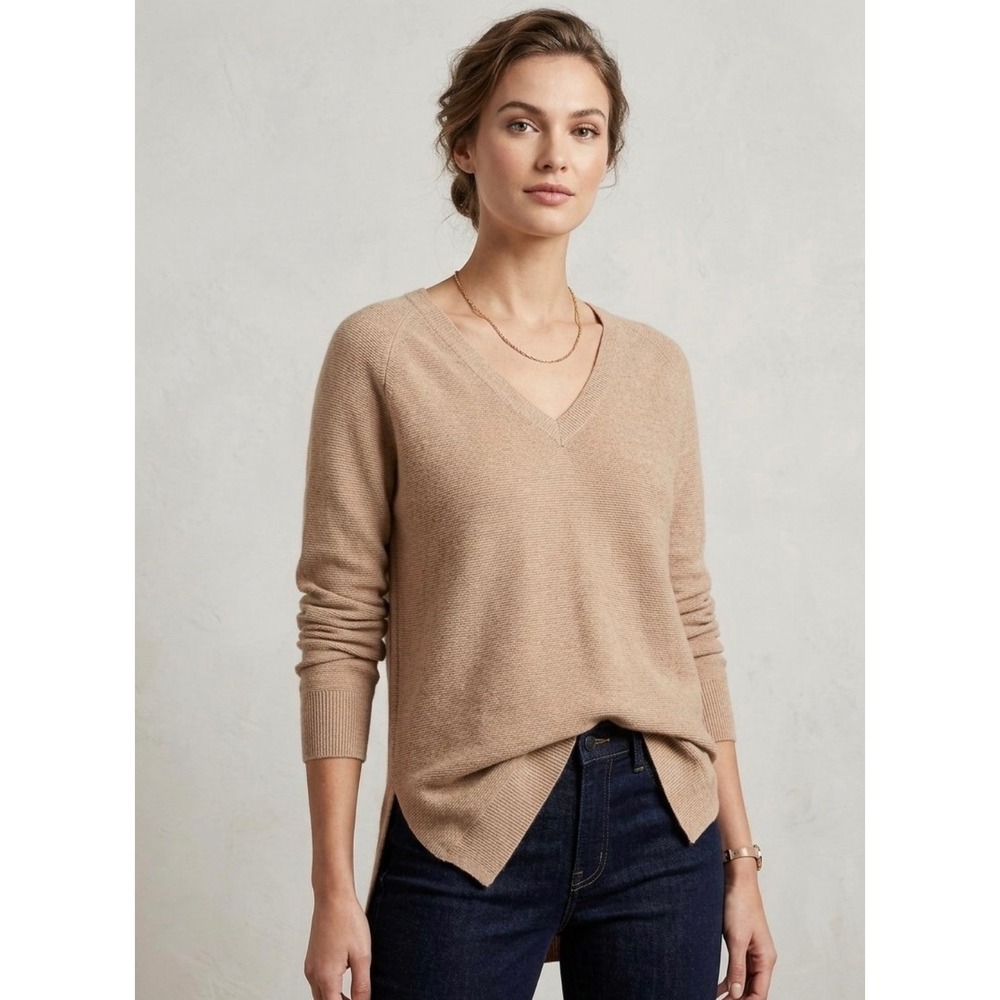 Vineyard Vines Women's XS/S Cashmere Blend V-Neck Sweater Camel Tan High Low Hem